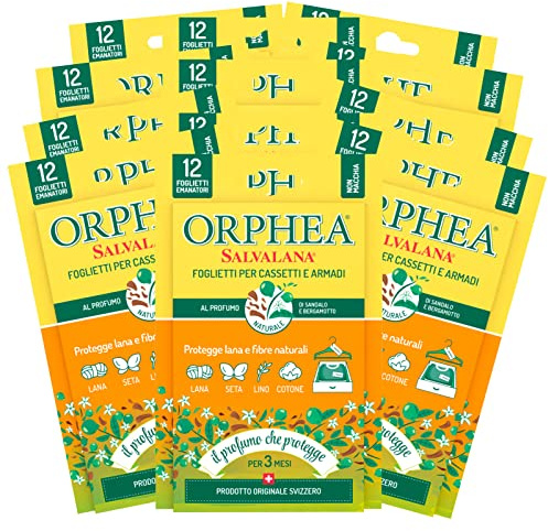 Orphea 12 Blätter für Schubladen und Schränke, schützt Wolle und Naturfasern im Duft von Sandelholz und Bergamotte - 12 Packungen mit je 12 Blättern