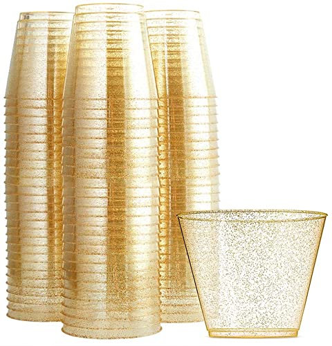 KAHEIGN 60Pcs Clear Plastic Cups, 270ml Gold Glitter Plastic Tumblers Reusable Drink Cups Elegant Party Wine Glasses for Cocktail Champagne Beer Martini Soda Dessert (7 x 8.5cm)
