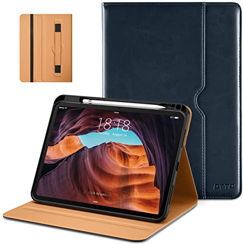 DTTO Hülle für iPad (A16) 11. Generation 11 Zoll 2025, iPad 10. Generation 10,9 Zoll 2022, Premium Leder Business Folio Stand Cover mit Bleistifthalter - Auto Wake/Sleep, Blau | Premium Leder Business Cover mit Stifthalter, Handschlaufe & Tasche, Eckenschutz, Auto Sleep/Wake, mehrere Winkel