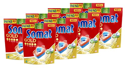 Somat Gold Spülmaschinen Tabs (8x80 Tabs), Geschirrspül Tabs für strahlend sauberes Geschirr auch bei niedrigen Temperaturen, Extra-Kraft gegen Eingebranntes