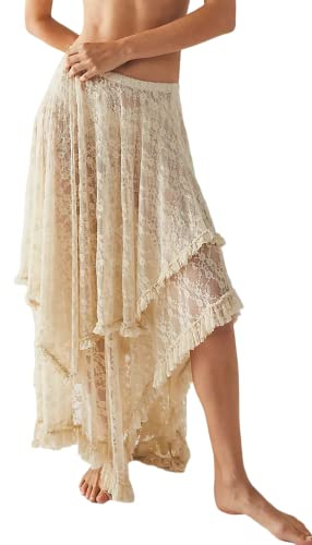 R.Vivimos Femmes d'été bohème Dentelle Beach burket Jupe Longue Semi Transparente Swing Volante irrégulière Ourlet Jupe Longue(XL,Beige)