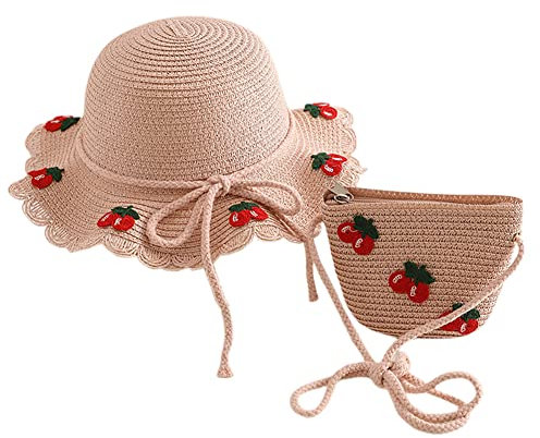 Volicph Flicka barnstråhatt sommar solhatt mjuk halmhatt strand solskydd hatt resa solhatt baby sommar stråhatt, Körsbärsrosa hattväska, 10-18 Jahre