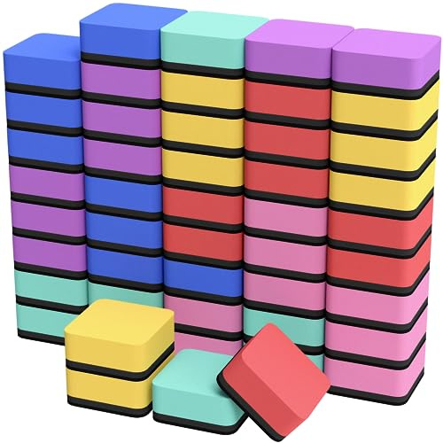 MaxGear 48 Pack Dry Erase Erasers, Magnetic Whiteboard Dry Erasers for Classroom, Mini Whiteboard Cleaning Pads, Chalkboard Wiper Teacher Supplies for School, Office, Home, 6 Color Set, 2 x 2 Inch