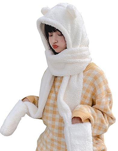 Upstore 3-in-1 süßer Winterschal für Damen & Erwachsene, dick, warm, lang, mit Fäustlingen, weicher Plüsch, Kapuze, Tiermütze, 56-58 cm, Weiß/opulenter Garten