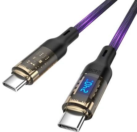 VisionSync Câble USB C vers USB C transparent 240W avec affichage LED - Compatible avec charge rapide de 140W 100W pour MacBook Pro, lPhone 16/15/15Pro/Max, Galaxy S24+/S23+/S22,2m-1 paquet(noire)