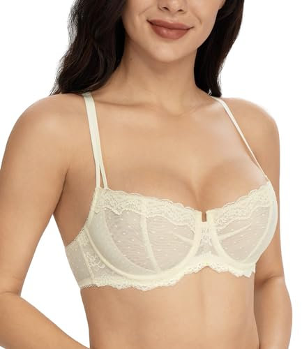 Lemorosy Dirndl-bh för kvinnor med bygel, push up, spets, balconette-behå, halvskal, transparent BH, beigea, 85D