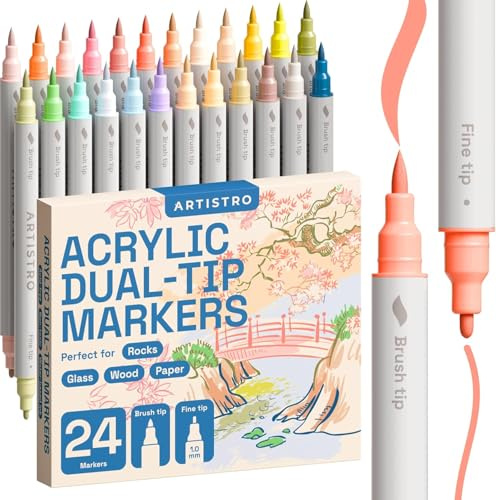 ARTISTRO 24 Acrylic Paint Pens – Dual Tip (Brush & Fine) Markers for Fabric, Canvas, Rock, Glass, Wood – Calligraphy, Scrapbook Supplies DIY & Gift for Kids, Teens - Art Set