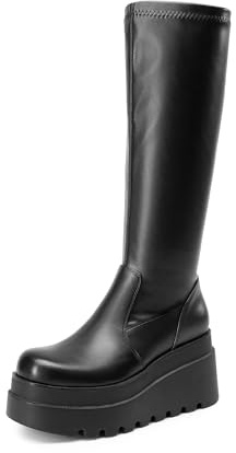 DREAM PAIRS Women's Platform Knee High Round Toe Boots | 3.5'' Platform, Wedge Chunky Heel, Round Toe, 4mm Latex Cushioned Insole for Arch Support, Long Tall Sock Punk Goth Boots