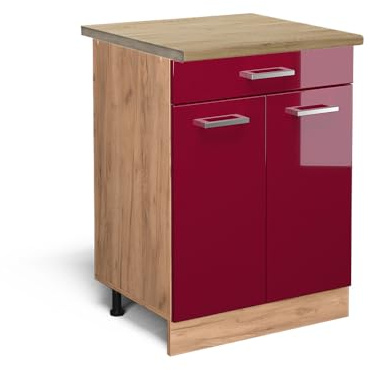 Vicco Küchenunterschrank R-Line, Rot Hochglanz, 60 cm | 1 Schublade · AP Eiche inkl. · Höhenverstellbare Füße · 2 Türen · ✓ Leichter Zugriff