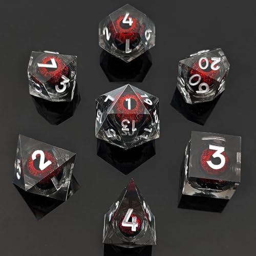 ORUZA 7 Stück Drachenauge Polyedrische Harz Spielwürfel DND Würfel Set D&D Würfel für Dungeons and Dragons RPG MTG Pathfinder Rollenspiel D4 D6 D8 D10 D% D12 D20