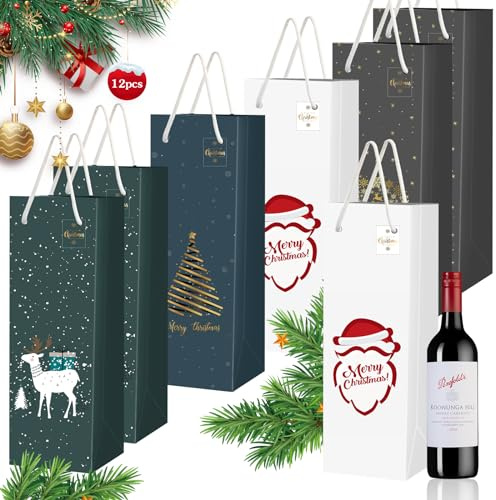 ZZXLOPEZ 12x XXL Flaschentüten Weihnachtstaschen Bottle Bag, Geschenktaschen mit Seilgriffen, Geschenktüten für Wein, Flaschentüten für Weihnachten, Geburtstage, Partys (34,2 x 10 x 9,5cm)