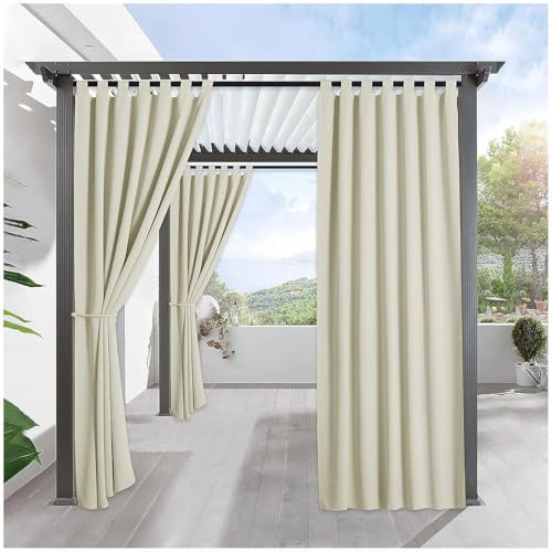 BPWXINL Outdoorvorhänge Sonnenschutz Outdoor Vorhang Wasserdicht,Gartenlauben Balkon-Vorhänge Gardinen Verdunkelungsvorhänge für Terrasse & Pavillon (2 Panele), Beige-132 * 183cm