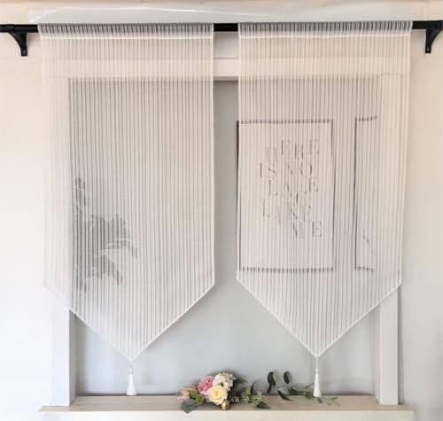Vordesack Jacquard Panneaux mit Quaste Spitzenvorhang 2er Set HxB 90x60cm | Scheibengardine mit Stickerei Streif-Motiv Bistro Fensterbehang für Glastüren Küche & Bad Landhausstil Gardine mit Tunnelzug
