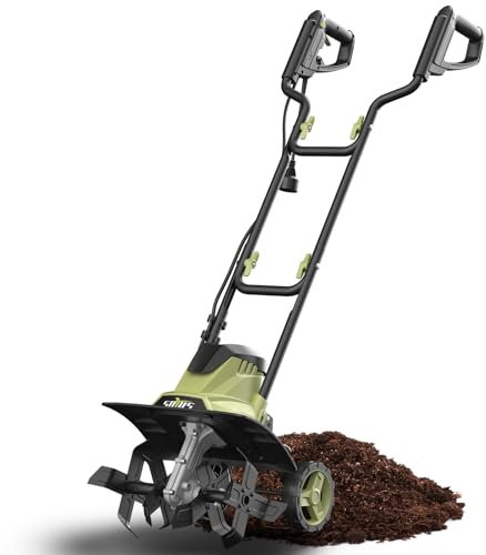 SOYUS 14 Inch 12 Amp Electric Cultivator with Wire Gardening with Folding Handle 4 Teeth Steel Rototiller with Wheels for Lawn Soil Tillage