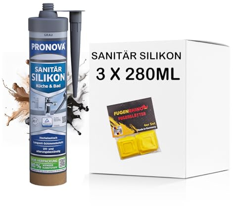 Premium Sanitär Silikon Grau Dusche Bad & Küche Dichtmasse für innen & außen Sicher gegen Schimmel umweltfreundliche Kartusche 280ml (3)