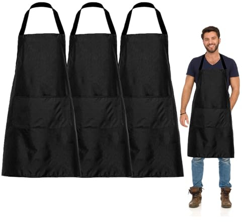 FUIPVGI 3 Stück Kochschürze für die Küche, Schwarze Schürze, Küchenschürzen für Männer Damen mit 2 Taschen zum Kochen, Grillen, Malen, Hausarbeit, Kellner