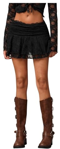 SweatyRocks Damen Spitzen Rock Y2k Minirock Drop Waist A Linie Röcke Peplum Rock Festival Outfit Minirock Rockabilly Spitzenrock Freizeitrock Schwarz S