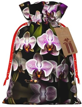 HJLUUFT Jutebeutel mit Orchideen-Druck, Weihnachts-Geschenktüte mit Kordelzug und Geschenkanhänger, für Hochzeit, Weihnachten, Party