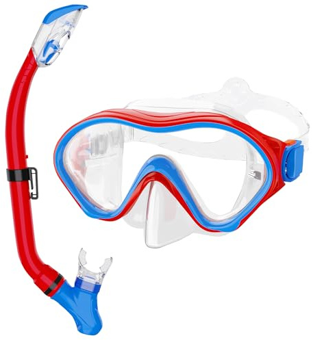 Snorkeling Gear for Kids with Foldable Silicone Full Dry Snorkel, Kids Snorkel Set Anti Leak Youth Junior Snorkeling Package Diving Mask Soft Tube with Mesh Bag Swimming Goggles, Red+Blue