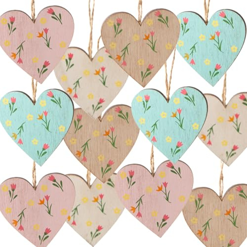 Dekoherzen zum Aufhängen, 12 Stück: Herzanhänger Holz, Anhänger Frühling, Ostern & Hochzeit, Frühlingsanhänger Herz, Frühlingsdeko Herzen, Osteranhänger Bunt, Hochzeitsdeko Zweige, Deko Klein, 7 cm
