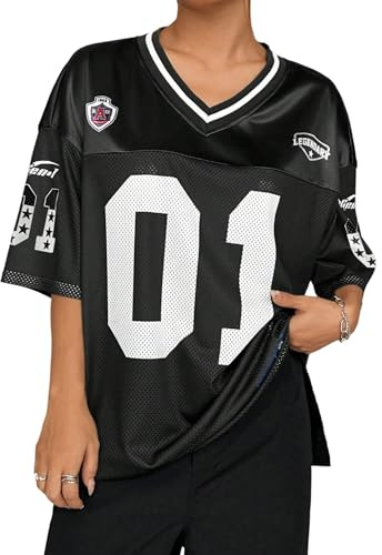 GORGLITTER Damen Y2K T-Shirt Halbarm Sportshirt mit Patches V Ausschnitt Sommershirt Locker Jersey Oberteile Oversize Sporthemd Casualshirt Schwarz L