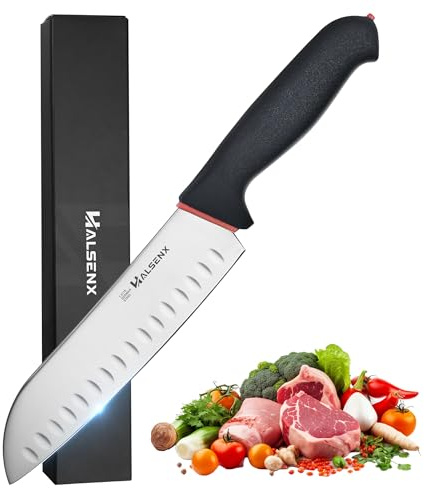 HALSENX 7 inch Santoku Knife with Fluted Edge, Non-Slip Softgrip Handle, Multi-Purpose Kitchen Knife for Vegetable Chopping, Precise Dicing, Meat Slicing