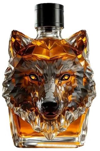 Whiskey Bottle, 350ml Artistic & Elegant Wolf Head Shaped Whiskey Decanter, Funny Unique Empty Glass Liquor Bottles for Dad Husband, Alcohol Loves Gifts