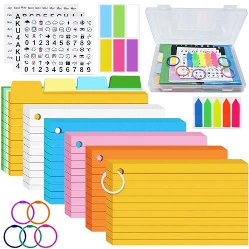 Celepoir 350 Pcs Revision Flash Cards, 5x3inch Colour Ruled Index Cards with 5 Metal Binder Ring, A-E Indexes, Stickers & Labels, Flashcards for Revision, School, Home, Office, Taking to do List Memo