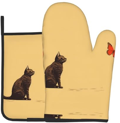 WZYWHJ Ensemble de gants de cuisine et maniques motif chat et papillon pour cuisine, micro-ondes, grillades – avec cordon