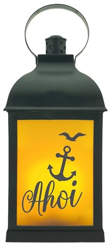 WB wohn trends LED-Laterne mit Flackerlicht & Timer, Ahoi Anker Möwen maritim, 25,5x10,5x10,5cm, LED-Licht schwarz