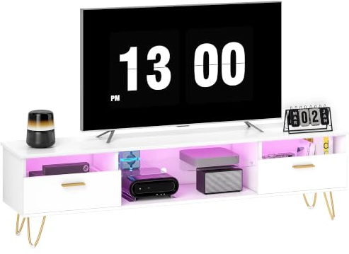 HOMCOM Meuble TV LED RGB 16 Couleurs 42 à 120 Pouces 160x35x42cm Blanc | 2 Tiroirs, Meuble Télé, Étagère Ouverte, Banc TV Moderne, Salon, Chambre à Coucher