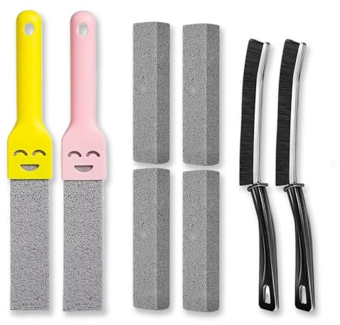 Glamifyr 6 Stück Bimsstein Toilettenreiniger,Reinigungsstein Toilette,Klo Braune Ablagerung Entfernen,mit 2 Stück Eckenreinigungsbürste,Hartborsten Ecken Reinigungsbürste,mit 1Gelb Griffe,1Rosa Griffe