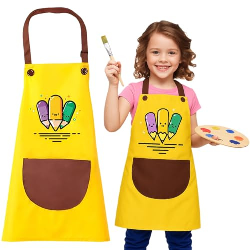 BAUCH Bata Escolar Niña Delantal de Pintura Impermeable para Niños con Dibujos Animados Motivo de Lápiz Amarillo Talla Grande 7-13 Años para Pintura y Manualidades