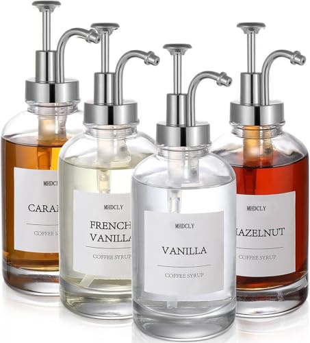 MHDCLY Coffee Syrup Dispenser, Coffee Bar Accessories, Set of 4 Syrup Dispensers 500ml Glass Bottles, 24 Labels and Funnel & Pump, Silver