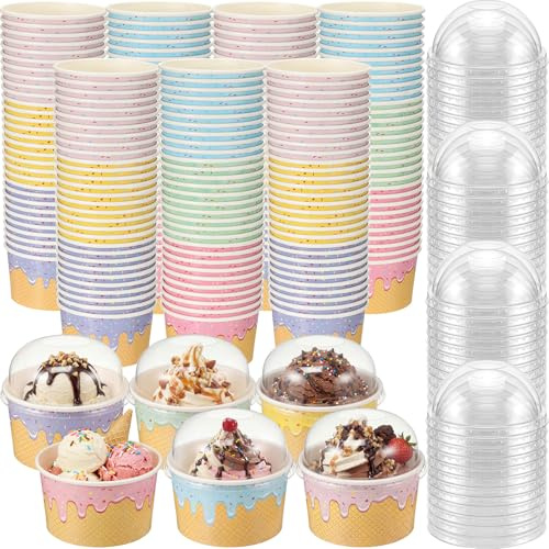 Jingmore 120 Pack 8 oz Ice Cream Paper Cups with Lids Disposable Ice Cream Bowls Paper Treat Dessert Cups 5 Colors Cake Snack Container for Hot or Cold Food Soup Yogurt Birthday Summer Party Supplies