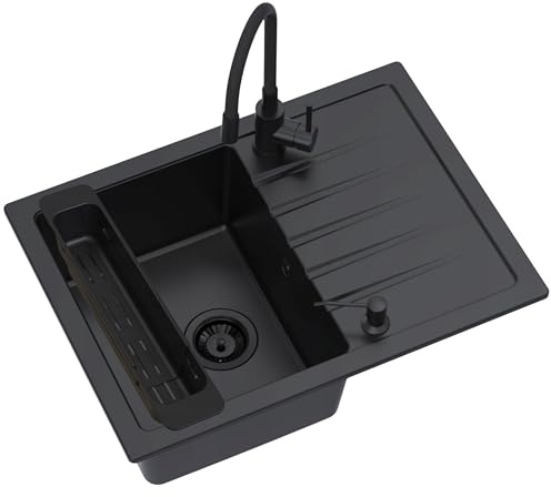 SINK QUALITY Spülbecken Komplettset in Schwarz 68 x 49,5 cm - Spüle mit Wasserhahn, Seifenspender, Sieb, Siphon und Imprägniermittel - Küchenspüle mit armatur für 45er Unterschrank