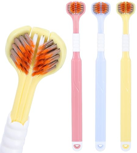 3 Stück Dreikopfzahnbürste, Dreikopfzahnbürste Erwachsene mit Weichen Borsten, 3-Seitige Reinigungszahnbürste (Rot, Gelb und Blau)