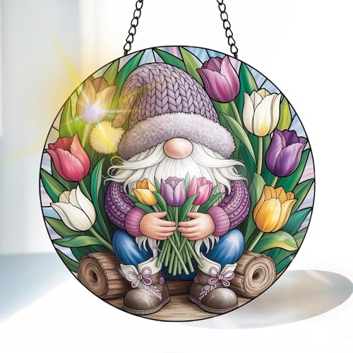 VAIIEYO Gnome Sun Catcher Stained Glass Window Hanging Ornament, Handmade Sun Catcher Spring Tulips Decoration with Hooks for Window Garden Home, Mother's Day & Birthday Housewarming Gift (20 cm)