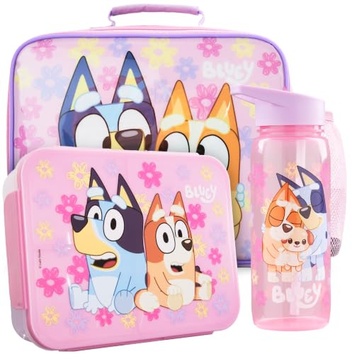 Get Trend Bluey Set Porta Pranzo Bambini 3 Pezzi con Borsa Termica, Lunch Box, Borraccia, Porta Merenda Termico per Scuola e Tempo Libero, Senza BPA, Idea Regalo Bambina (Rosa/Multi Bluey)
