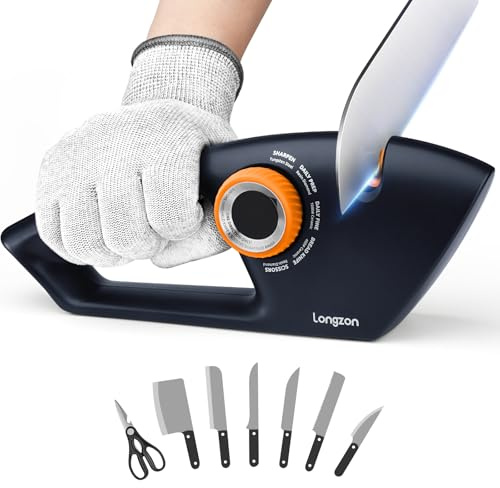 longzon Messerschärfer, 5-in-1 Stufen Einstellbarer Knopf Messerschleifer | Manuelle Messerschleifer mit Anti-Schneidhandschuhe, Küchenmesserschärfer