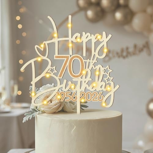 Tortendeko 70 Geburtstag für Frauen und Männer - Holz Cake Topper mit LED-Lichterkette - Kuchen Dekoration 1956 bis 2026 - Geburtstagsdeko zum 70. Jubiläum