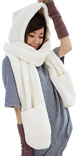 Landove Ensemble Bonnet Echarpe Gant Femme Fille Mode Mignon 3 en 1 Écharpe Châle à Chapeau Bonnets Capuche Plush Echarpe Chale Earflap Gants Polaire Hiver Chaud Earflap Hat Gloves Cadeau pour Noel