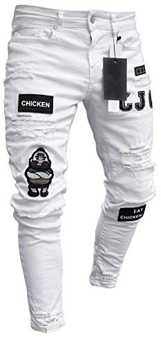 Jeans Déchiré pour Homme Slim Dechiré Jean Biker Fashion Troué avec Sport Voyage Pantalons Blanc M