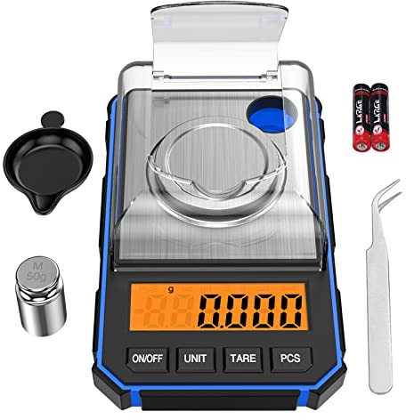 Bilancia di Precisione 50g/0.001g, ORIA Bilancia Digitale Tascabile Ad Alta Precisione con Peso di Calibrazione 50g, Pinzette, Piatto di Pesata, Funzione Tara, LCD, 6 Unità