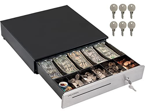 Volcora Cash Register Drawer for (POS) Point of Sale System 16, Stainless Steel Removable Coin Tray, 5 Bill/6 Coin, 12-24V, RJ11/RJ12 Key-Lock, Cash Till, Money Drawer for Businesses, Black