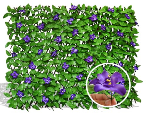 Expandable Faux Ivy Fence Privacy Screen with Artificial Flower,Greenery Expandable Stretchable Covers Panel for Balcony Patio Apartment Garden Outdoor Decor 36X92INCH