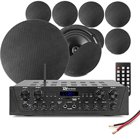 Power Dynamics 4-Zone Multi Room Ceiling Speaker System PV240BT Bluetooth Amplifier with 8x NCSS8B Speakers - Home Audio Installation Kit