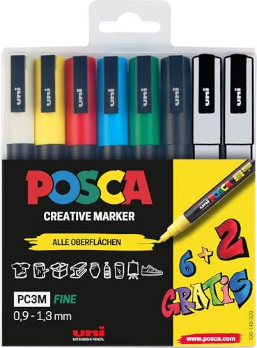 Faber-Castell uni-ball 186825 – POSCA markeringsset, 8-pack akrylpennor PC-3M, 0,9 – 1,3 mm, 6 standardfärger 2 växlande specialfärger
