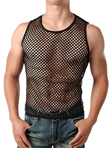 Mens Mesh Fishnet Vest Sexy See Through Tank Top Sheer Fitted Sleeveless String Undershirt (UK, Alpha, M, Regular, Regular) Black