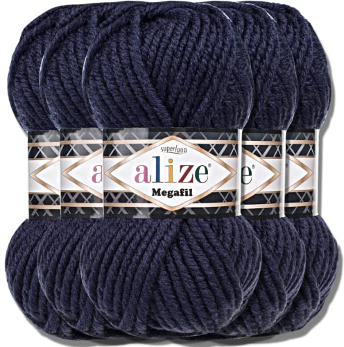Alize 5x 100g Superlana Megafil Türkische Wolle Super Bulky Chenillegarn Babywolle Handstrickgarn häkeln weiches Chenille-Garn XXL-Knäuel für Amigurumi Yarn Garn (Navy | 58)